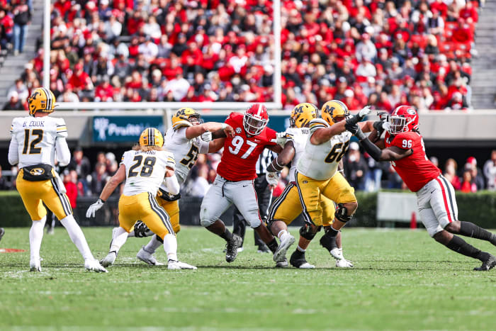 Georgia defensive lineman Warren Brinson (97) during the Bulldogs’ game against Missouri on Dooley Field at Sanford Stadium in Athens, Ga., on Saturday, Nov. 6, 2021. (Photo by Tony Walsh)